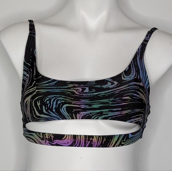 iHeartRaves Tops - iHeartRaves Black Rainbow Iridescent Oil Slick Cutout Bralette Bra Top M